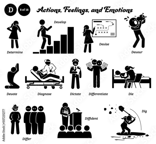 Stick figure human people man action, feelings, and emotions icons alphabet D. Determine, develop, devise, devour, devote, diagnose, dictate, differentiate, die, differ, diffident, and dig. photo