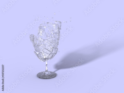 Explosion of wine soda champagne vodka glass. Concept design idea. Transparent old grunge shards with scratches. Blue background color with shadow. 3D render. Freeze frame bullet time.