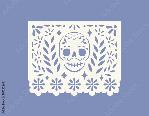 Mexican papel picado, perforated paper flag with cut pattern of skull. Traditional pecked banner for Mexico holiday of death, dead, Dia de los Muertos. Isolated flat graphic vector illustration