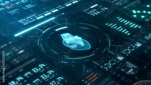 futuristic software interface for medical and scientific purpose, patient monitoring software, human heart scanner (3d software)
