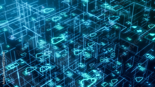 abstract network with clouds and different file and folder icons, sharing data, concept of cloud computing, smart working, global business, big data, isometric view (3d render)