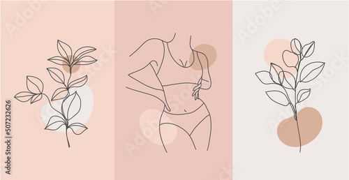 Vector set of line body silhouette illustrations, women and floral art . Minimalist linear female figure. Body positive cards, posters, prints, social net stories