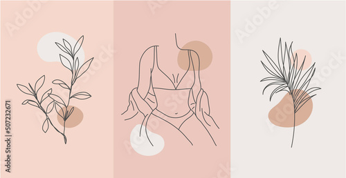 Vector set of line body silhouette illustrations, women and floral art . Minimalist linear female figure. Body positive cards, posters, prints, social net stories