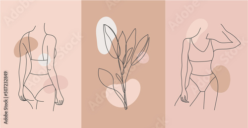 Vector set of line body silhouette illustrations, women and floral art . Minimalist linear female figure. Body positive cards, posters, prints, social net stories