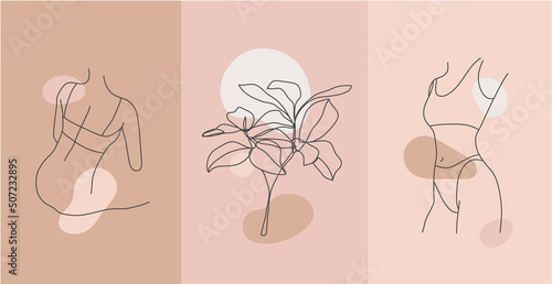 Vector set of line body silhouette illustrations, women and floral art . Minimalist linear female figure. Body positive cards, posters, prints, social net stories