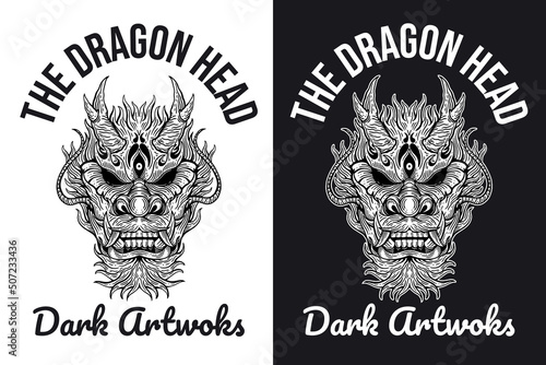 Set Dragon Beast Head Hand drawn Hatching Outline Symbol Tattoo Merchandise T-shirt Merch vintage