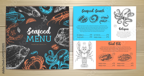 Chalk drawing seafood restaurant menu design with hand drawing fish. Vector illustration