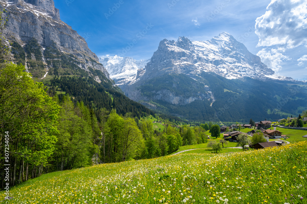 amazing view on Eiger mountain in Grindelwald during sunny day in Switzerland