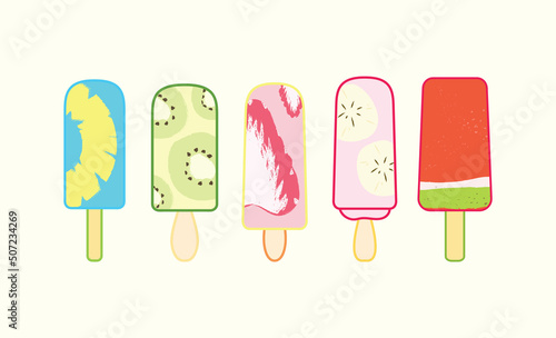 Set of fruit popsicles for summer dessert in flat cute simple illustration art design