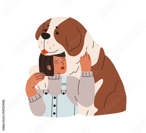 Happy dog and child. Girl pet owner with large canine animal friend and companion. Love and friendship between human and Saint Bernard doggy. Flat vector illustration isolated on white background