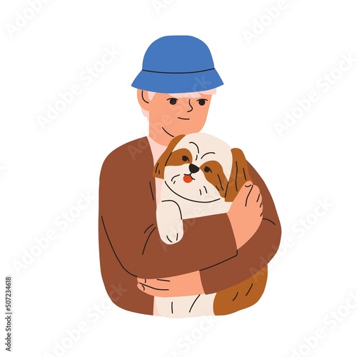 Kid holding, hugging cute dog. Child and puppy friends portrait. Boy, pet own...