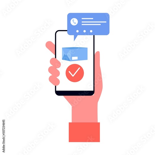 Smartphone in hand with online delivery. Simple flat vector isolated on white background
