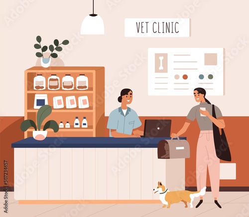 Pet owner at vet clinics reception desk. Woman client, dog and cat patients at counter of veterinary hospitals lobby. Person with animals visiting veterinarians office. Flat vector illustration