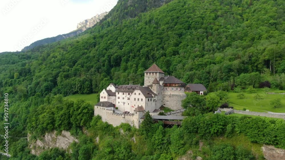 Flying over Vaduz castle in capital of Principality of Liechtenstein, Europe Flying over Vaduz castle in capital of Principality of Liechtenstein, Europe