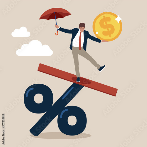 Businessman balance himself on percentage sign. Central bank money policy for inflation or interest rate, balance between profit and loss, financial challenge or risk, economic recover concept.