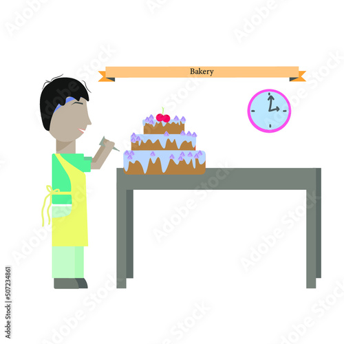 Person man bakes cake in the bakery