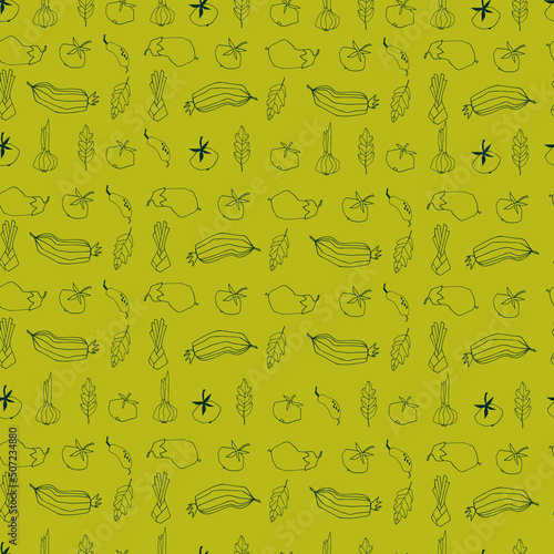 Seamless repeating pattern with vegetables. Stylized vector line art. Abstract trendy illustrations on green background. Healthy food, carbs, veganism concept