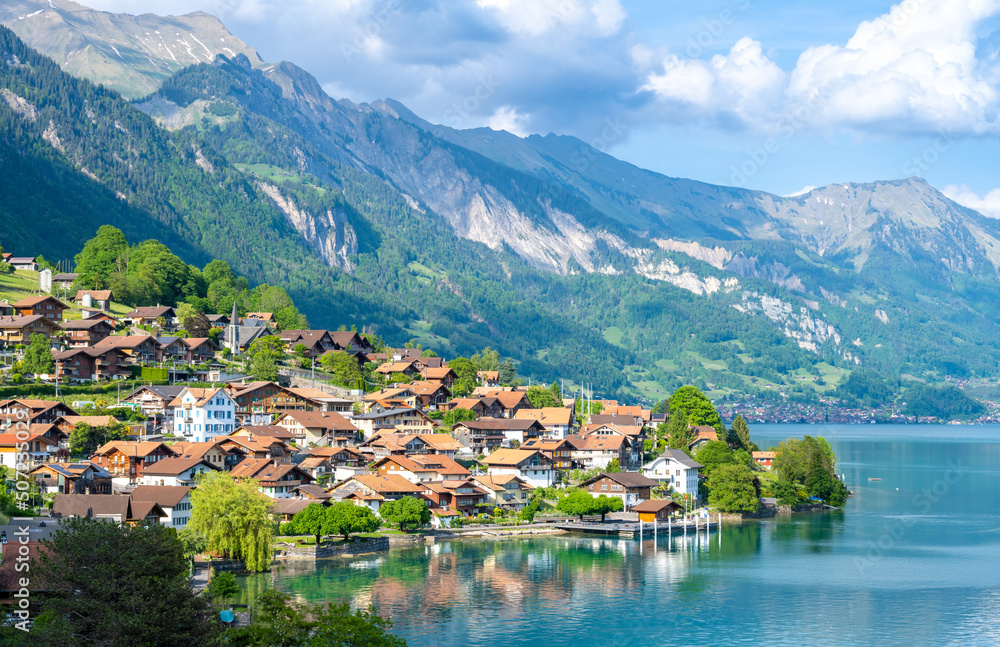 view on alpine town Oberried am Brienzersee on Brienz lake in Switzerland