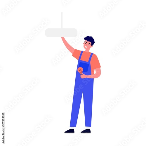 Happy servicemen repairing machines at home flat vector illustration. Electrician, mechanic or repairer at work. Repair and maintenance concept