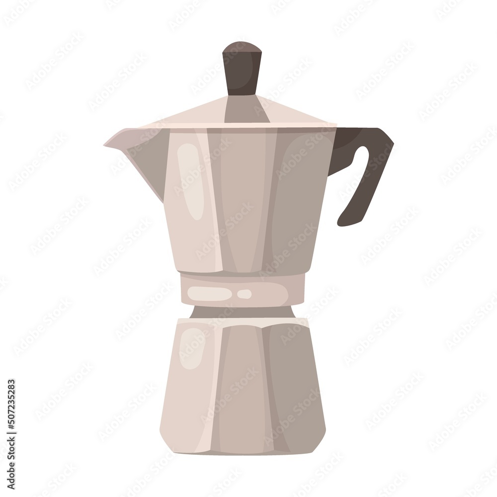 Coffee pot with handle. Different coffeemaker vector illustration. Coffee or espresso machines with filters, cups and mugs, moka pot on white background Coffee pot with handle. Different coffeemaker vector illustration. Coffee or espresso machines with filters, cups and mugs, moka pot on white background