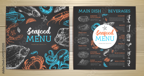 Chalk drawing seafood restaurant menu design with hand drawing fish. Vector illustration