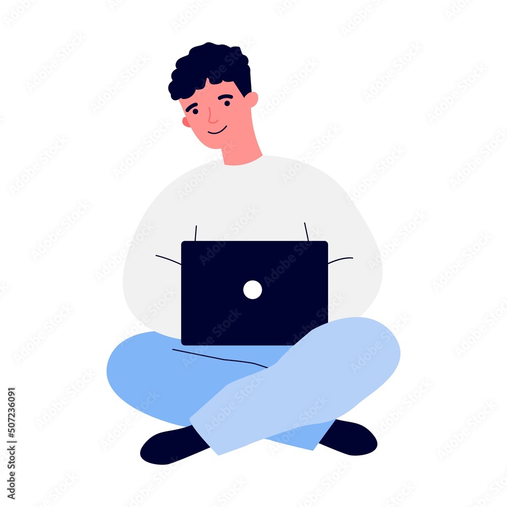 Business man with laptop working at cash and equal sign. Vector illustration for social respect, discrimination Business man with laptop working at cash and equal sign. Vector illustration for social respect, discrimination
