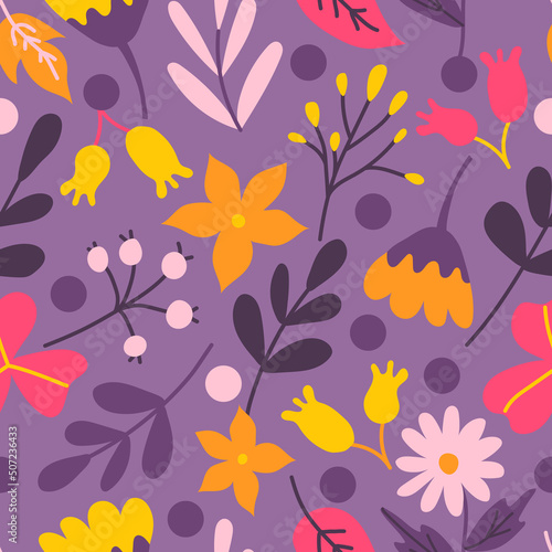 Plants and flowers on purple background. Vector seamless pattern in flat style for fabric, wrapping paper, postcards, wallpaper