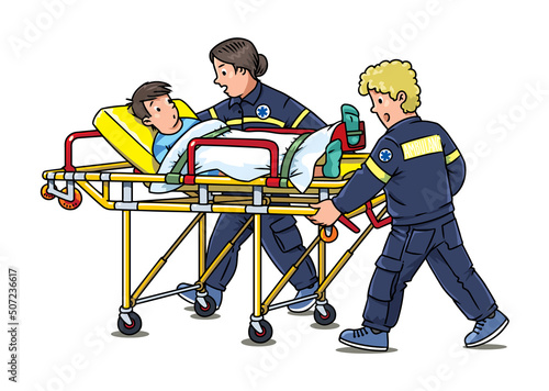 Paramedics take the patient to the ambulance
