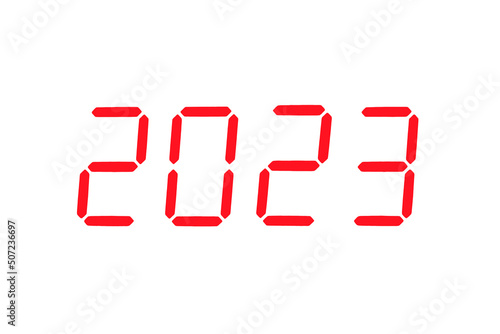 The dial of the electronic clock which shows the year 2023,isolated on a white background