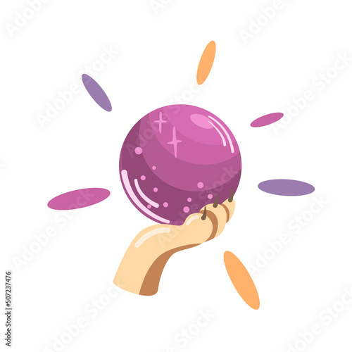 Vector illustration of a cat's paw that holds a glowing ball of predictions. Vector illustration on the theme of magic and astrology on a white background is isolated
