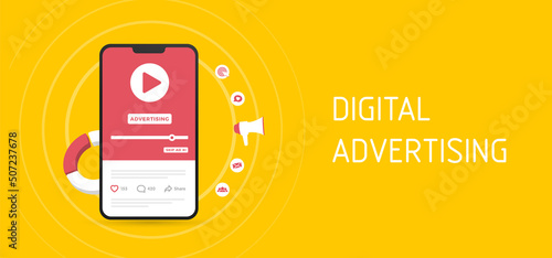 Programmatic Video Advertising vector illustration. Online native targeting ads marketing strategy. Inbound Advertising media horizontal banner concept with mobile phone and marketing icons