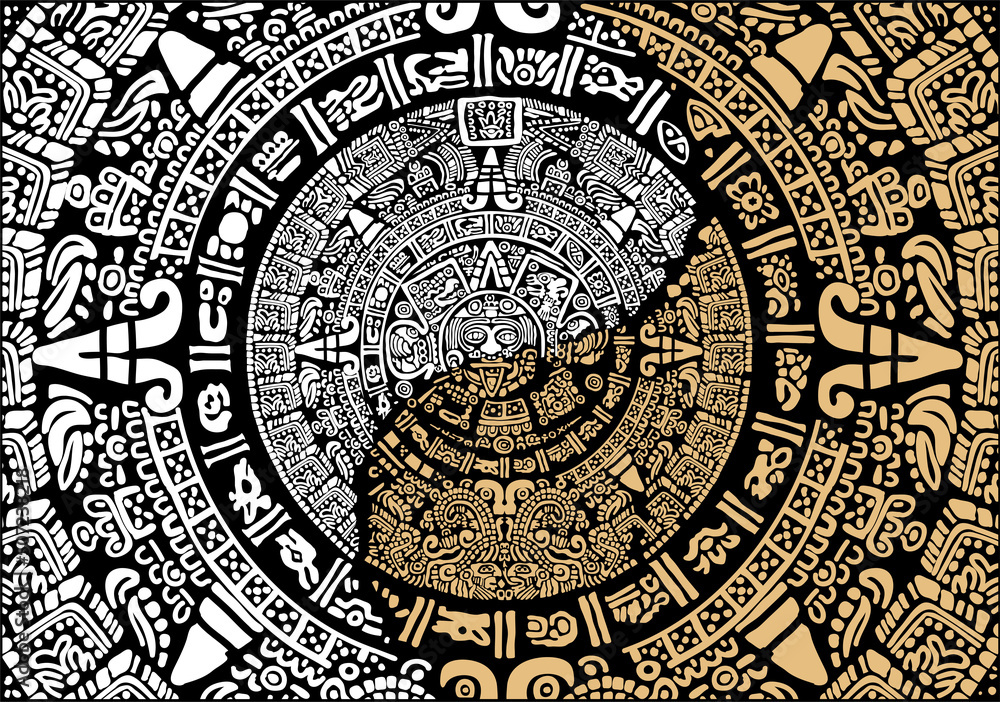 Mayan calendar.Mask of the ancient peoples of America.Images of characters of ancient American Indians.The Aztecs, Mayans, Incas.

Signs and symbols of the ancient world. Mexican ancient Mayan calenda