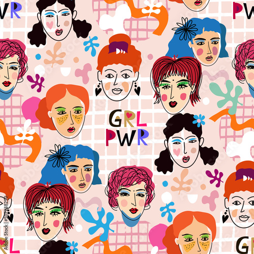 Girl power. Break The Science Bias International Women's Day Cute seamless pattern in cartoon style Friendship, sisterhood, girl power, feminist union concept. Vector illustration