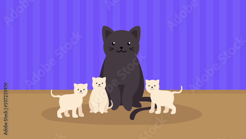 Black cat and three white kittens