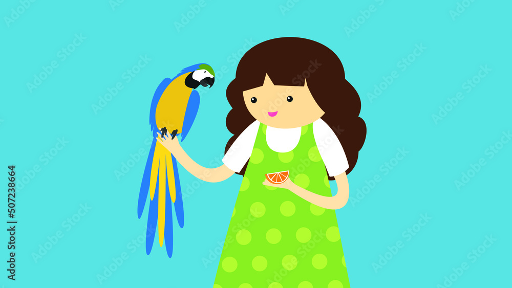Girl in a dress with a parrot