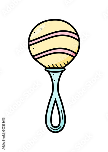 Baby rattle cartoon doodle style. Vector illustration of a newborn toy.