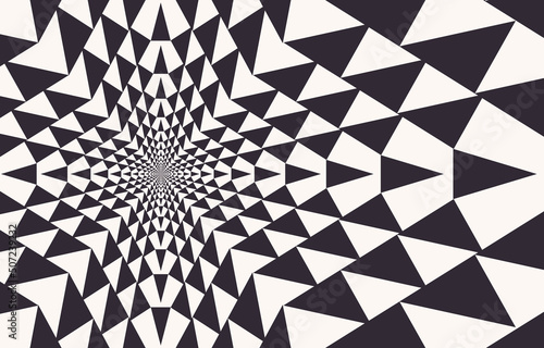 Vector optical illusion geometric small triangle pattern black and white color background.