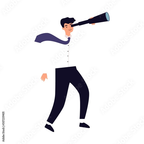 Leader with spyglass looking far away. Business team standing near increase chart. Vector illustration for leadership, challenge, training