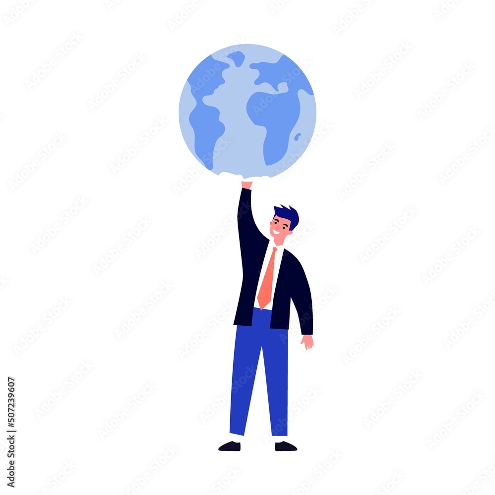 Earth men flat vector illustration. Tiny people saving world ecology and huge planet at background Earth men flat vector illustration. Tiny people saving world ecology and huge planet at background
