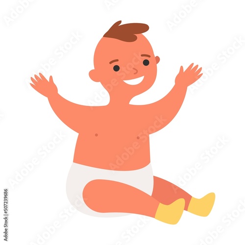 Toddler baby in a diaper. Male cartoon characters of different generation. Man in ages of baby, kid, teenage boy, adult, senior person with cane. Vector