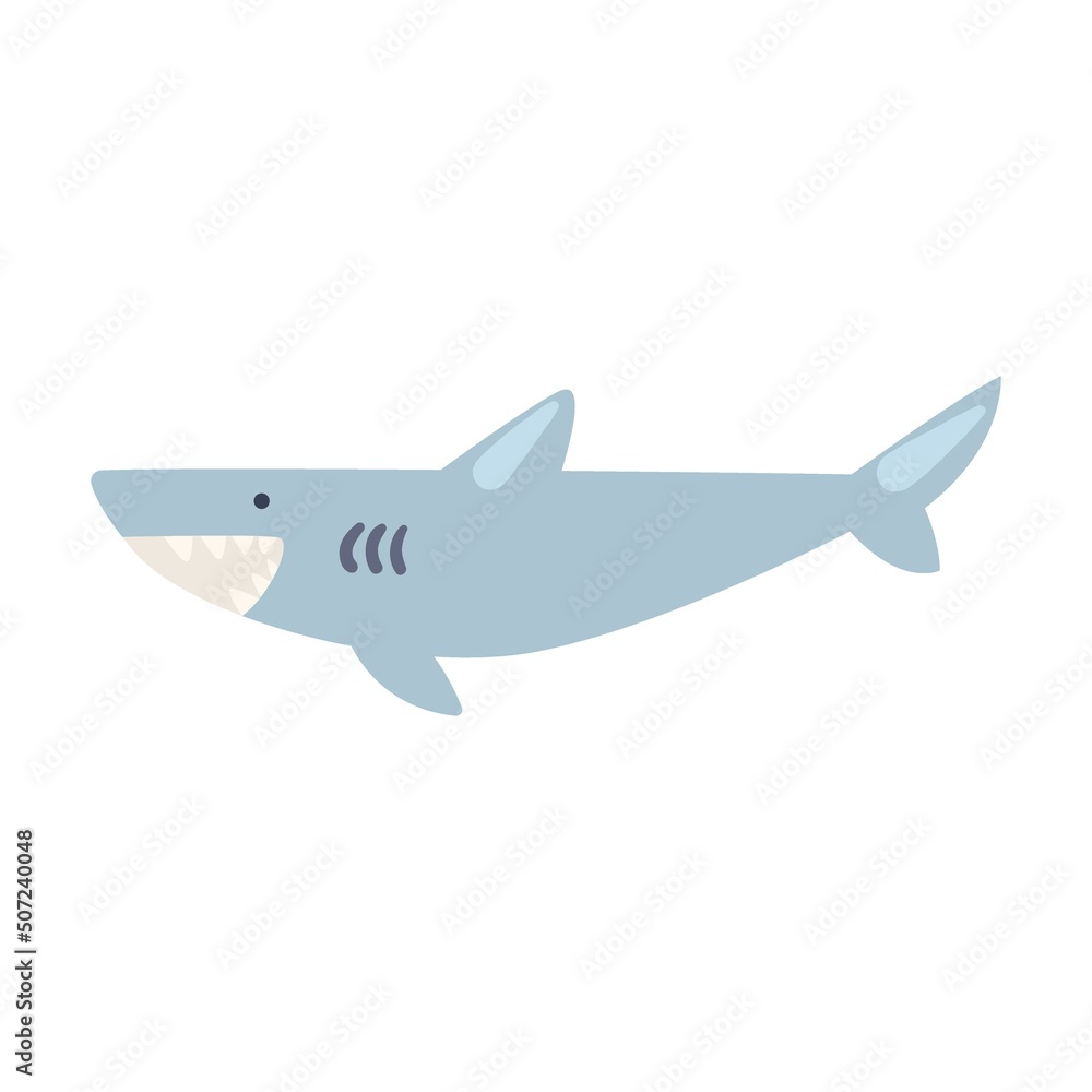 Sea shark. Cute underwater animals, sea robbers cartoon illustration. Ship with anchor, crab, octopus, childish captain character on white Sea shark. Cute underwater animals, sea robbers cartoon illustration. Ship with anchor, crab, octopus, childish captain character on white