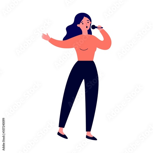 Woman signing at talent show flat vector illustration. Competition and television contest concept.