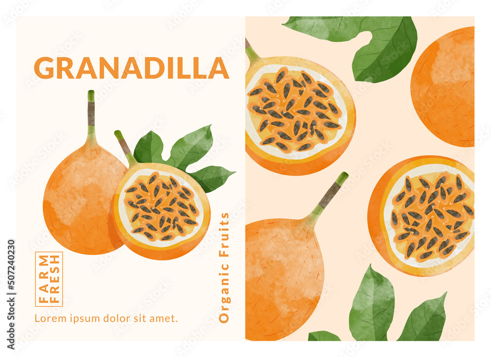 Granadilla or yellow Passion fruit packaging design templates, watercolour style vector illustration.	
