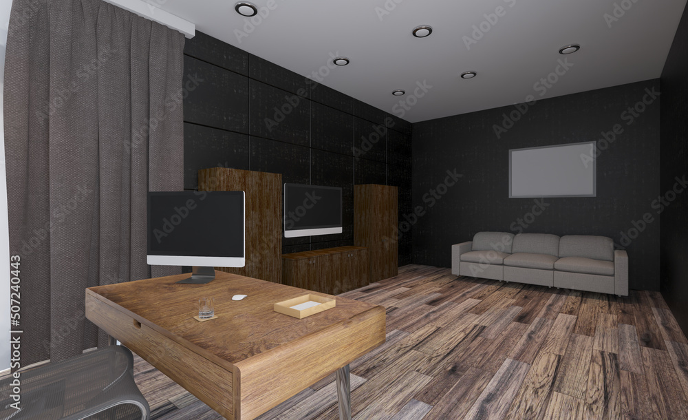 Elegant office interior. Mixed media. 3D rendering.. Mockup. Empty paintings Elegant office interior. Mixed media. 3D rendering.. Mockup. Empty paintings