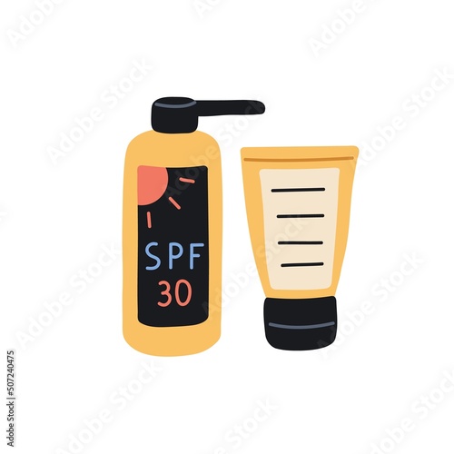 Sun protection cream, lotion in bottle and tube. Sunscreen, sunblock skin care cosmetic for summer beach with 30 SPF for face, body. Flat graphic vector illustration isolated on white background