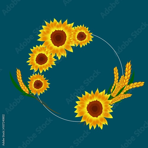 Wreath of sunflowers and wheat ears
