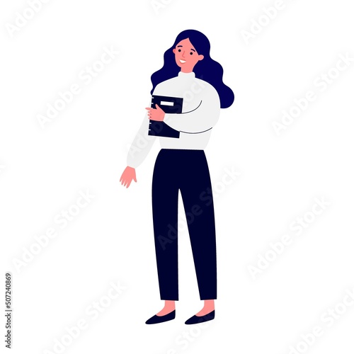 Cheerful college student with books and backpacks standing together. Teen girls and guys meeting and talking. Vector illustration