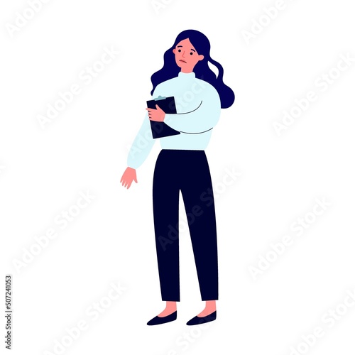 Confused woman asking questions. Puzzled cartoon characters searching answers and problem solution near big question mark