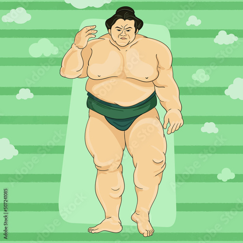 Sumo Wrestler standing and challenging opponent. Big Tall Huge Angry Man. Japanese Sport.