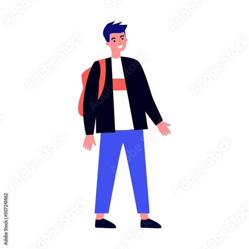 Student with books and backpacks standing together. Teen girls and guys meeting and talking. Vector illustration